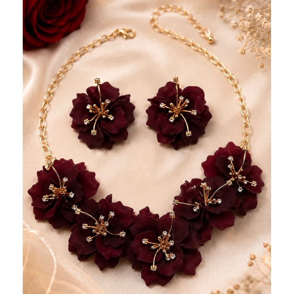 Natasha 3D Dark Red Floral Statement Necklace and Earring Set NWT Gold Tone NWT